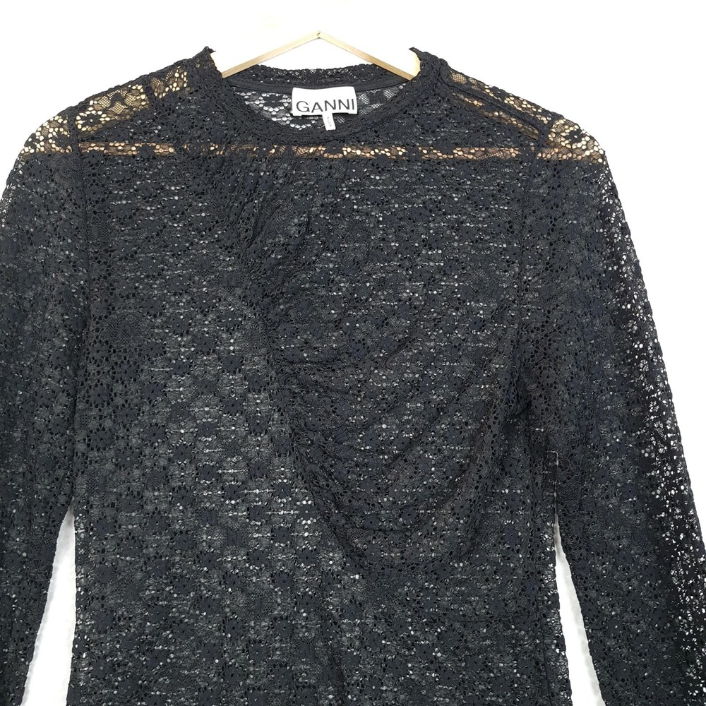 Ganni Lace Top Womens Medium Black Floral Sheer Long Sleeve Ruched - Picture 6 of 16